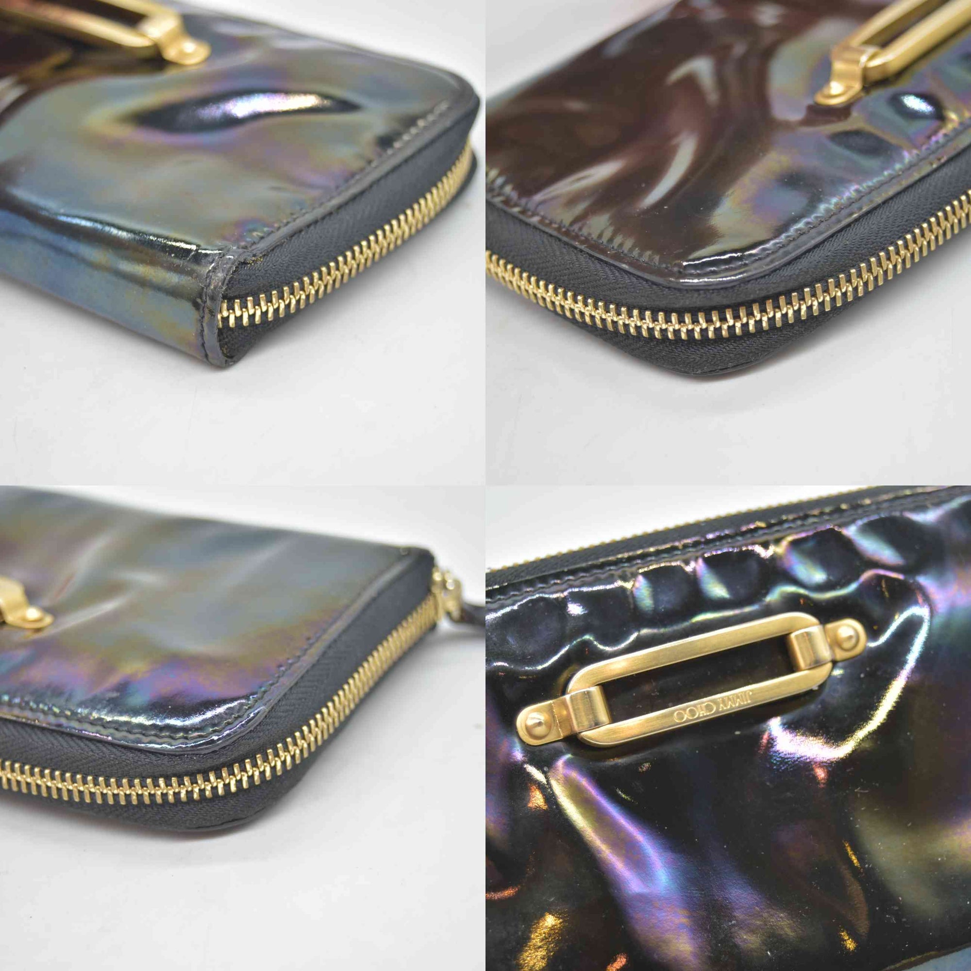 $595 Jimmy Choo CONSIGNMENT Wallet Black Zip Around Petrol Patent