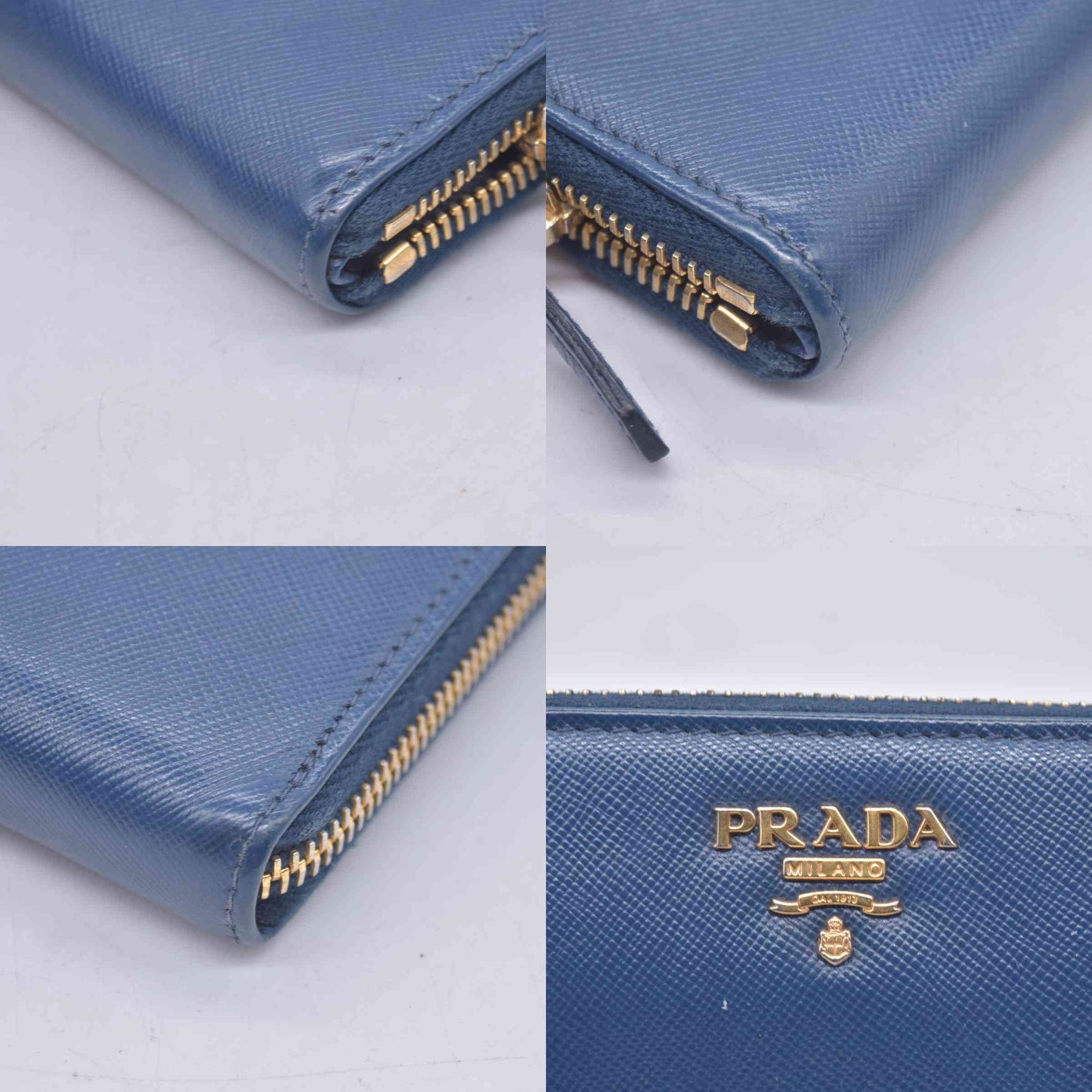 $790 PRADA Saffiano Metal Logo Zip Around Long Wallet Blue CONSIGNMENT 10021520