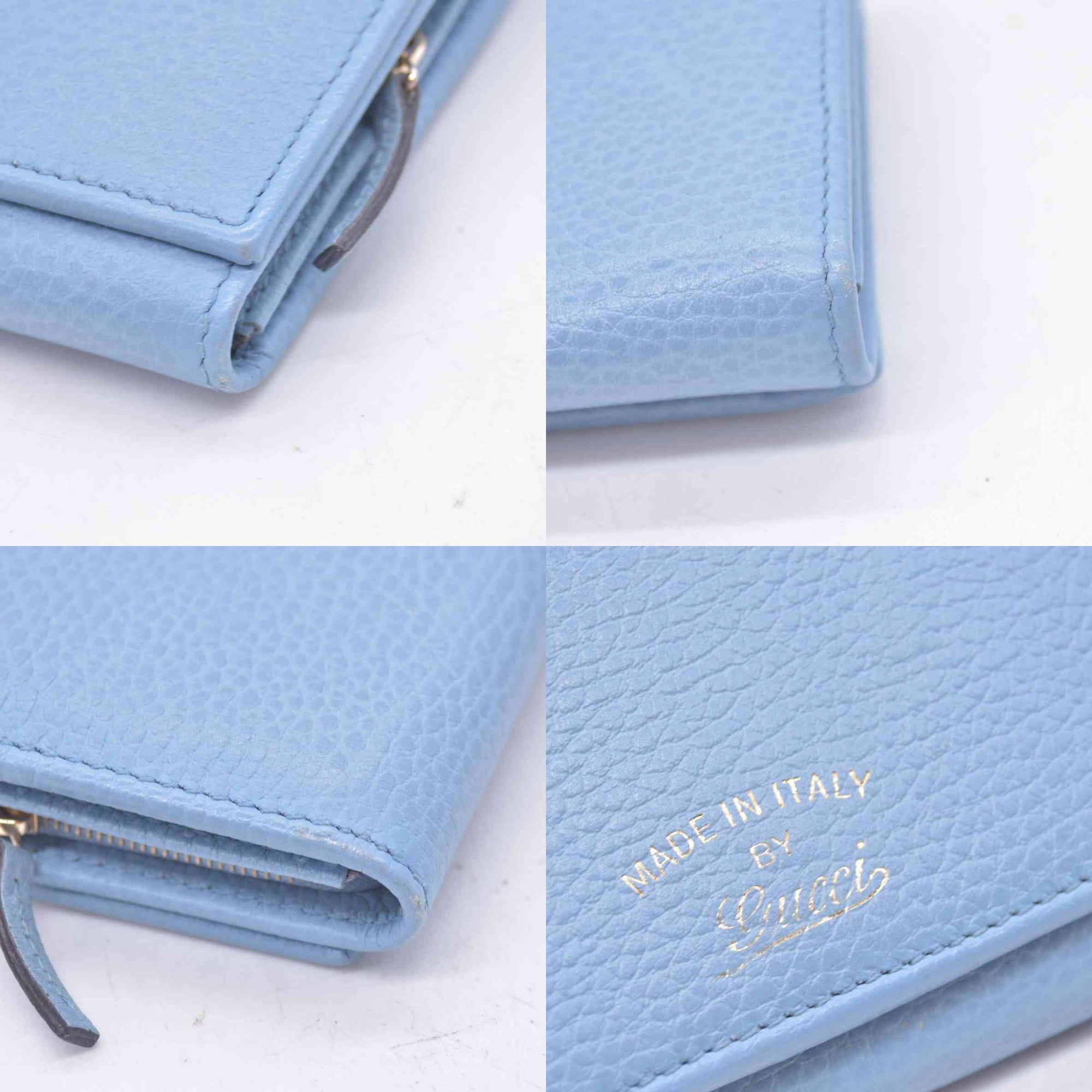 $660 GUCCI Light Blue Pebbled Swing Leather Flap Long Wallet CONSIGNMENT 10021436