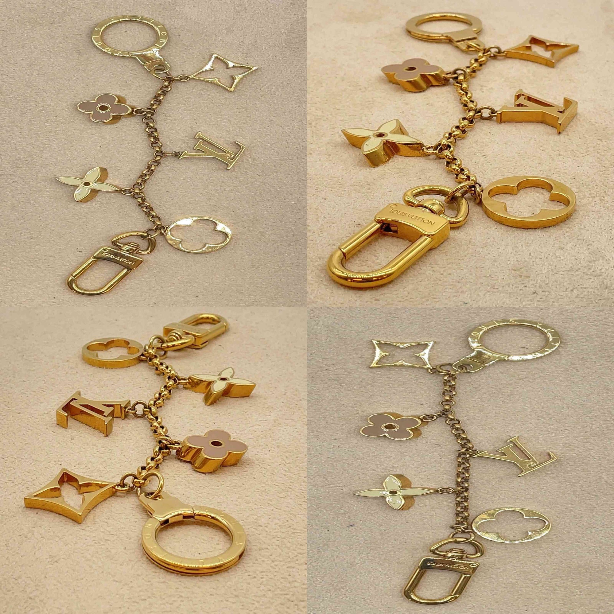 $675 Louis Vuitton Fleur de Monogram Bag Charm Chain Gold Beige