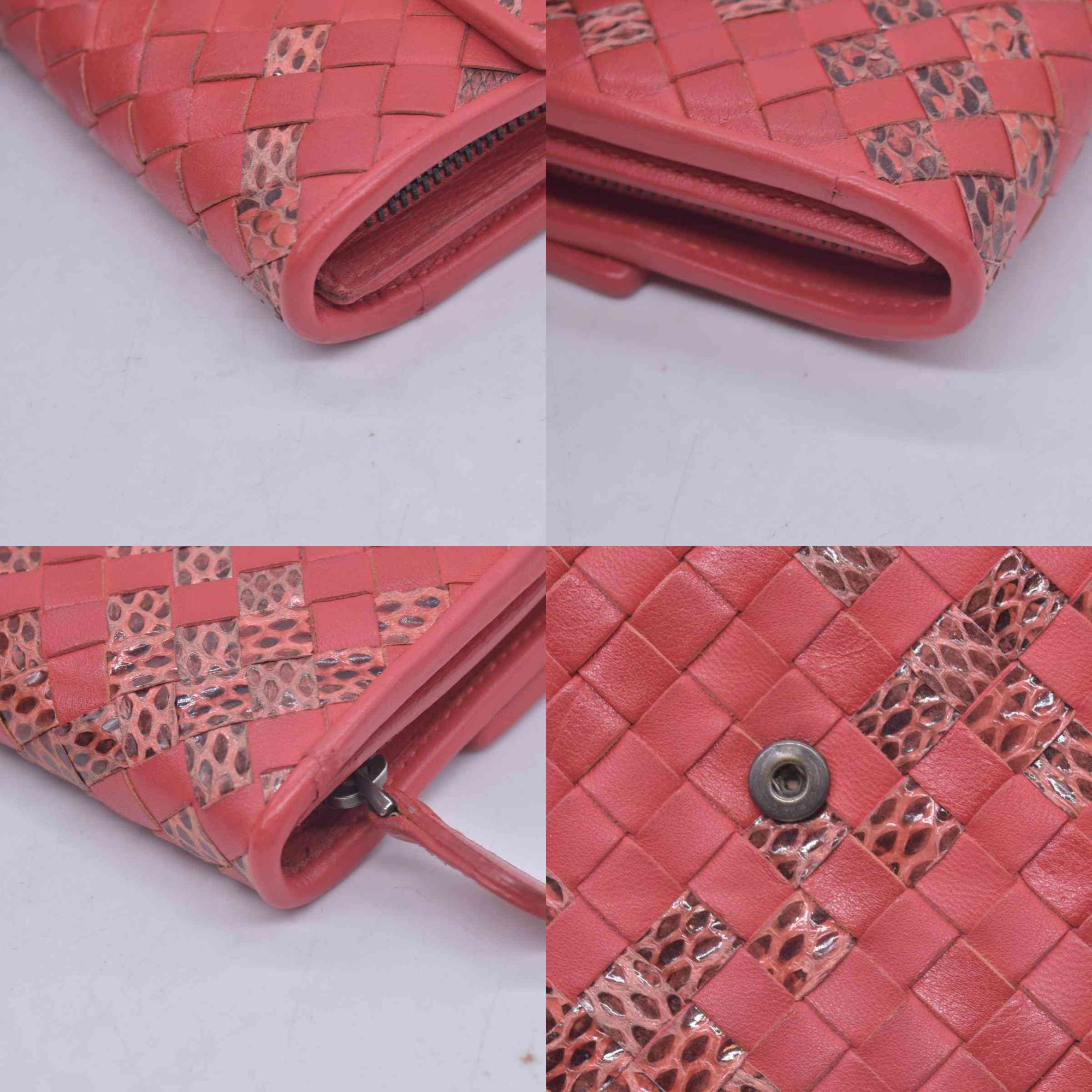 $820 BOTTEGA VENETA Nappa Intrecciato Snakeskin Continental Flap Wallet Coral PinkCONSIGNMENT 10021561
