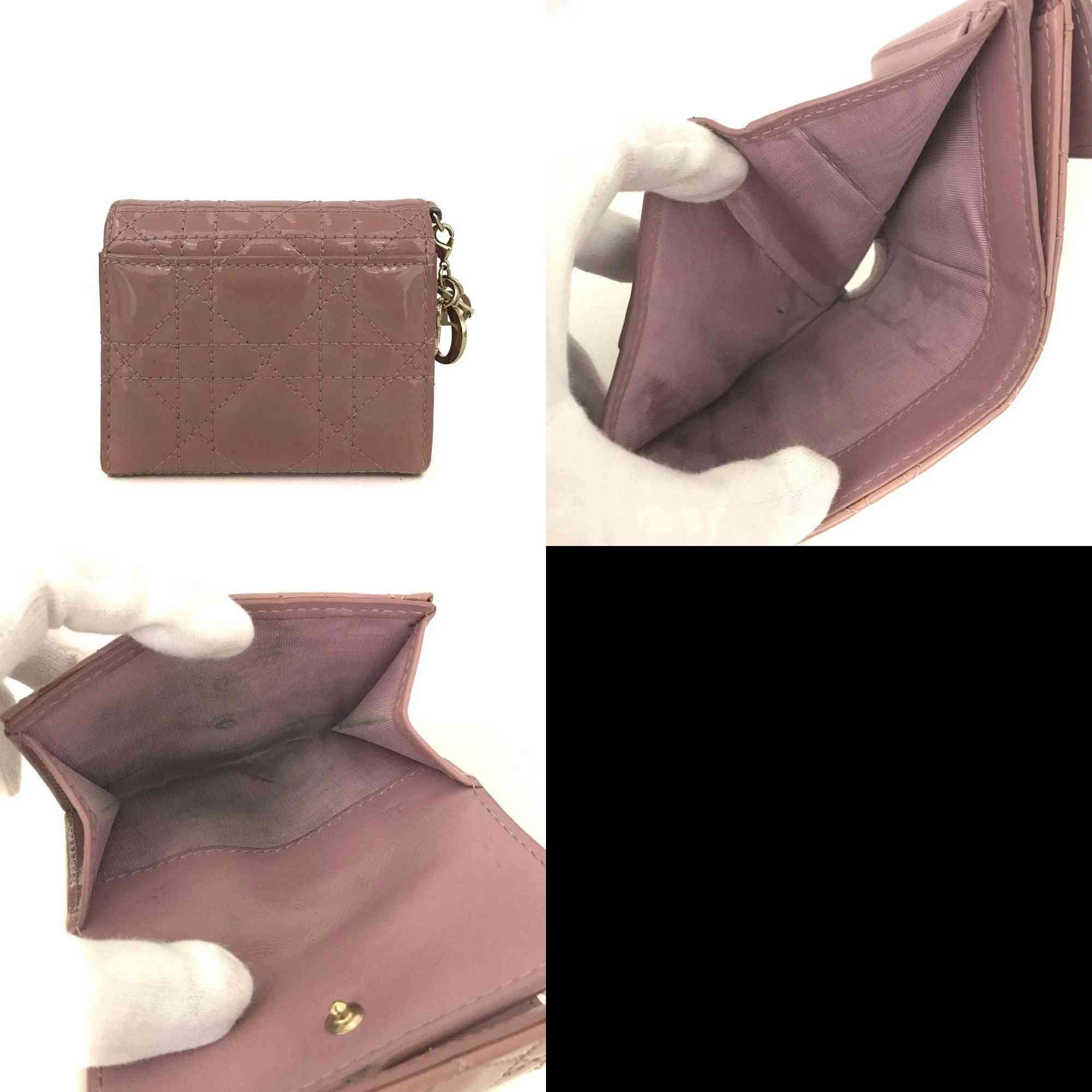 $710 Christian Dior Cannage Patent Leather Trifold Wallet Pink