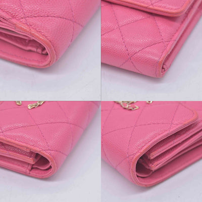 $1025 2020 CHANEL Interlocking CC Chain Small Flap Tri-Fold Wallet Pink Caviar Leather