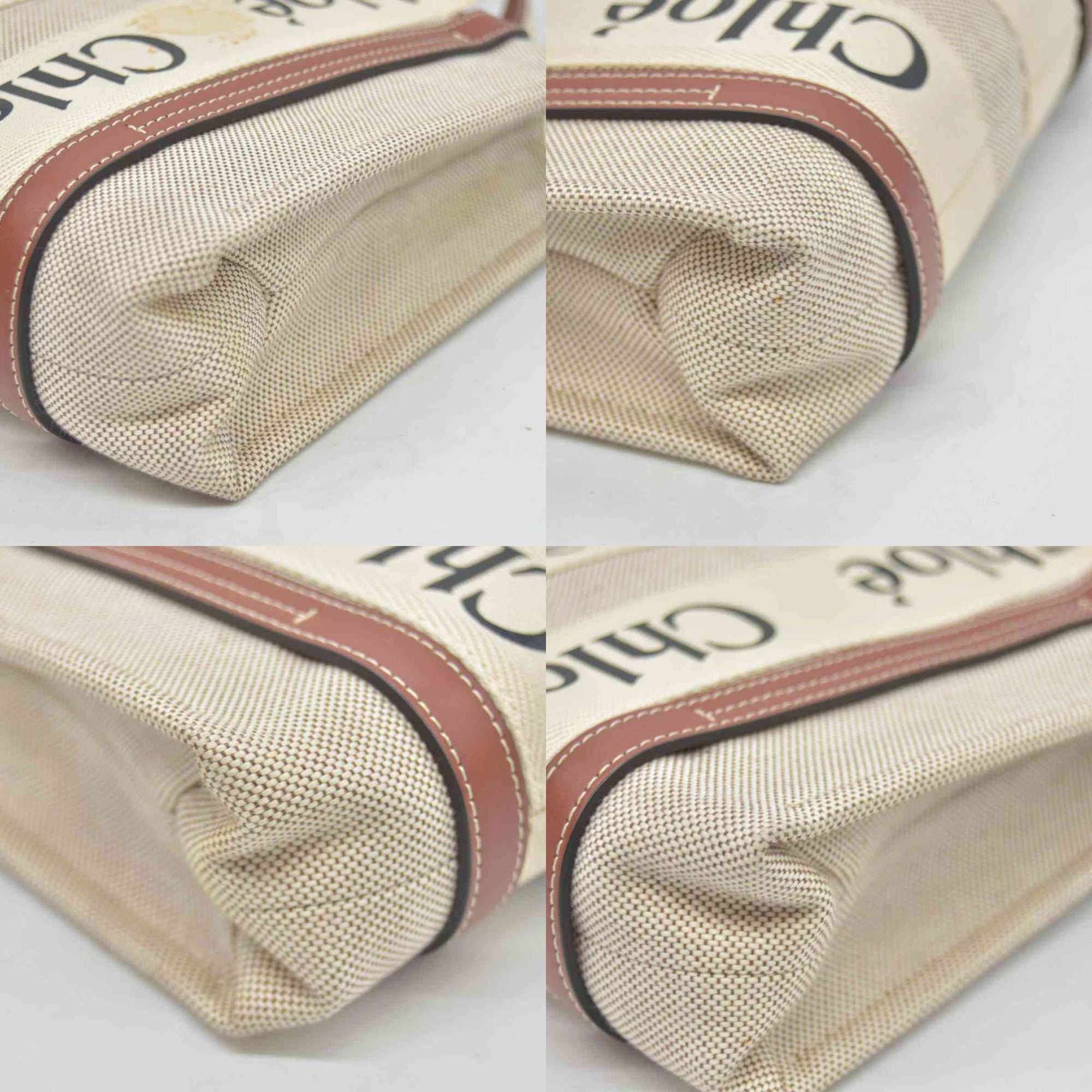 $1350 Chloe Linen Calfskin Small Woody Ribbon Tote White Black