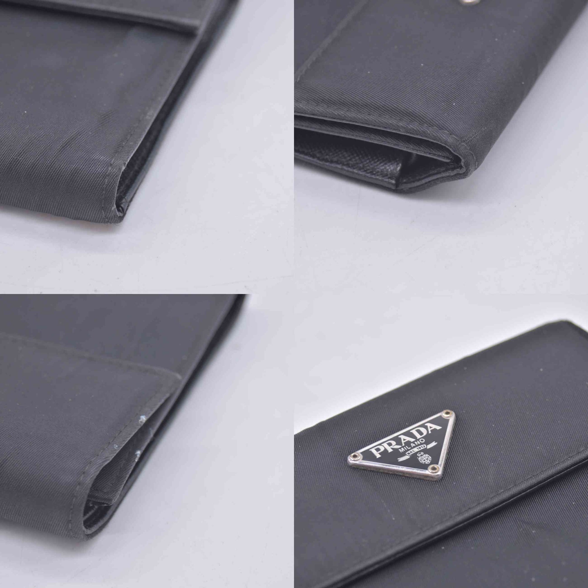 $775 PRADA Logo Plate Nylon Trifold Wallet Black 10021030