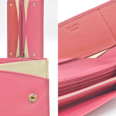$975 Prada Saffiano Metal Continental Flap Wallet Pink CONSIGNMENT