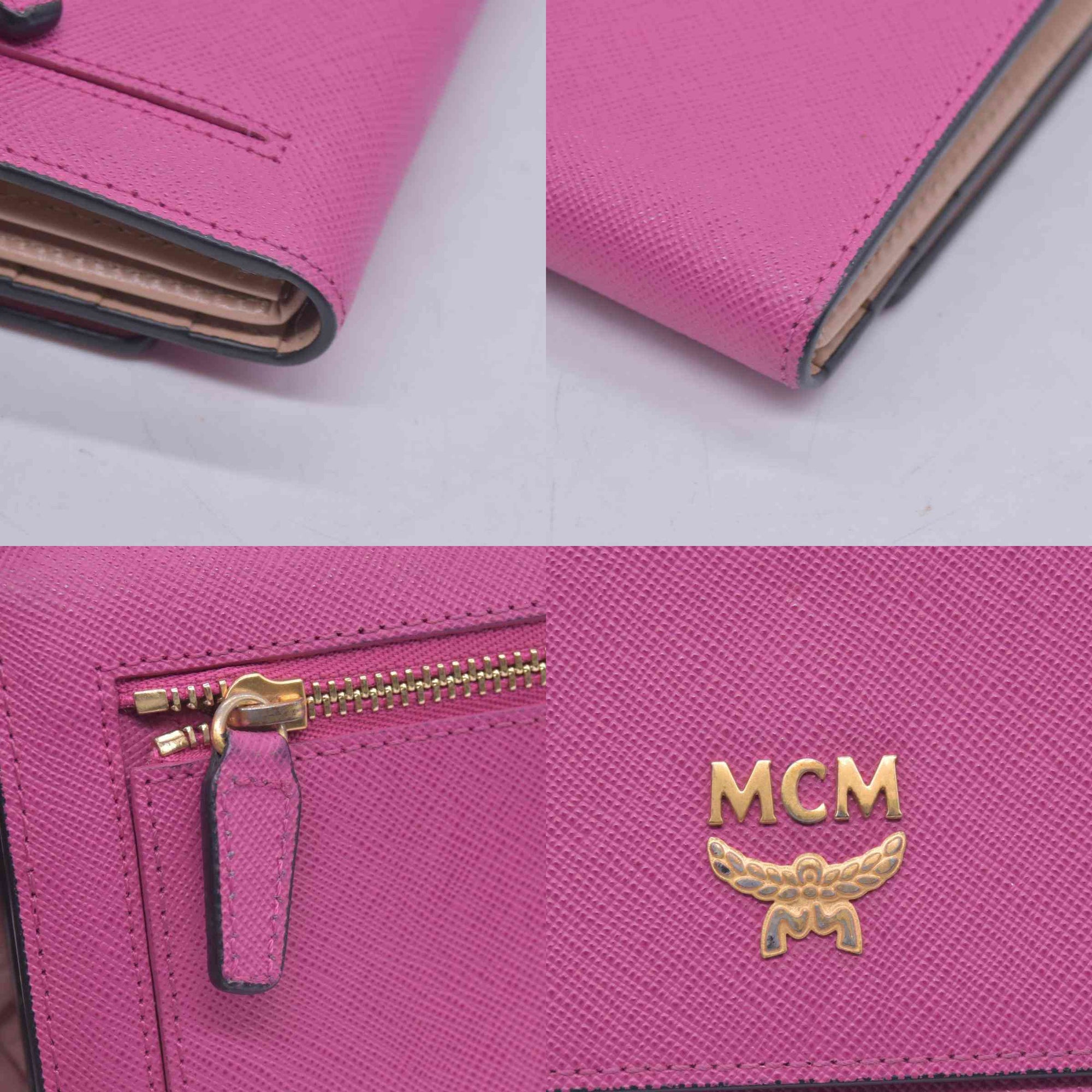 $380 MCM Saffiano Leather Logo Plaque Continental Flap Wallet Pink CONSIGNMENT 10021573