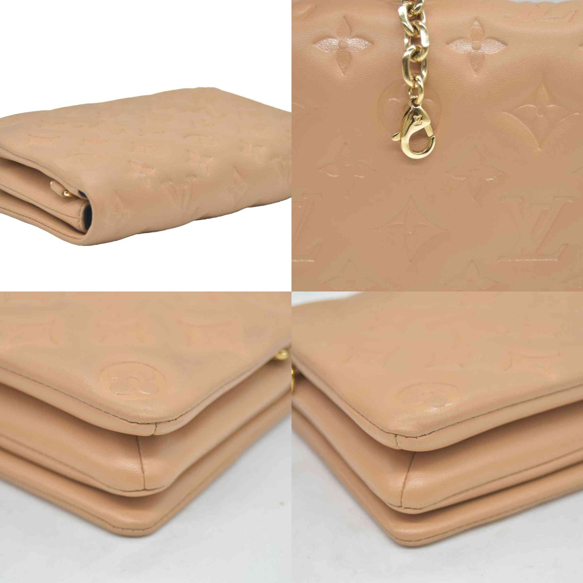 $3150 Louis Vuitton Lambskin Embossed Monogram Pochette Coussin Camel Color Transfer