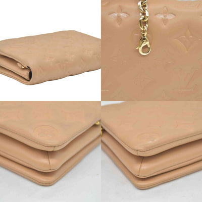 $3150 Louis Vuitton Lambskin Embossed Monogram Pochette Coussin Camel Color Transfer