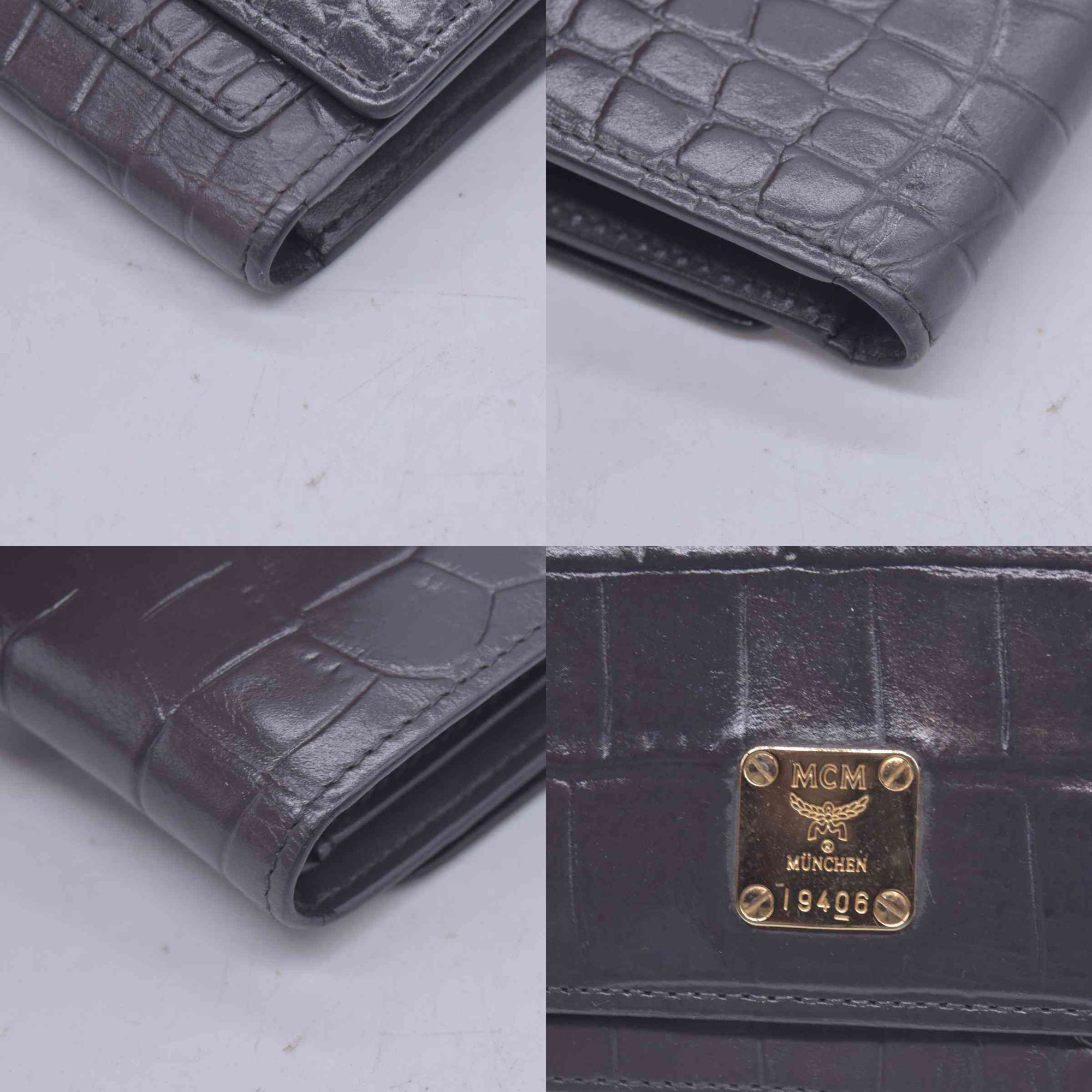 $380 MCM Embossed Crocodile Leather Logo Plaque Medium Flap Wallet Grey CONSIGNMENT 10021594