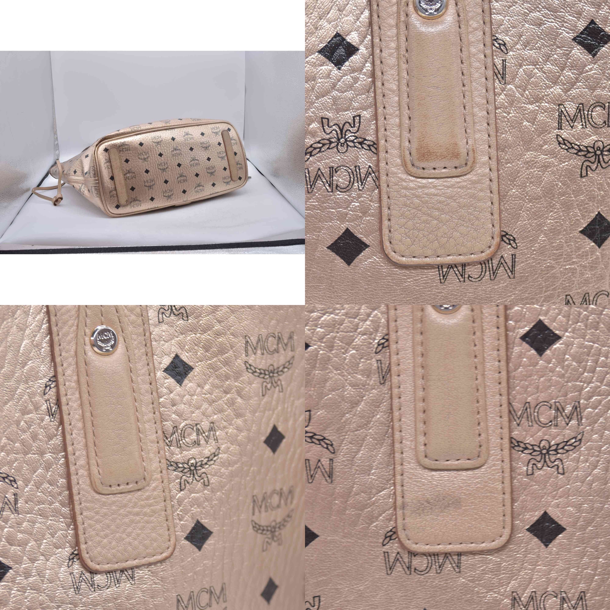 $950 MCM Metallic Visetos Medium Liz Reversible Shopper Tote Gold