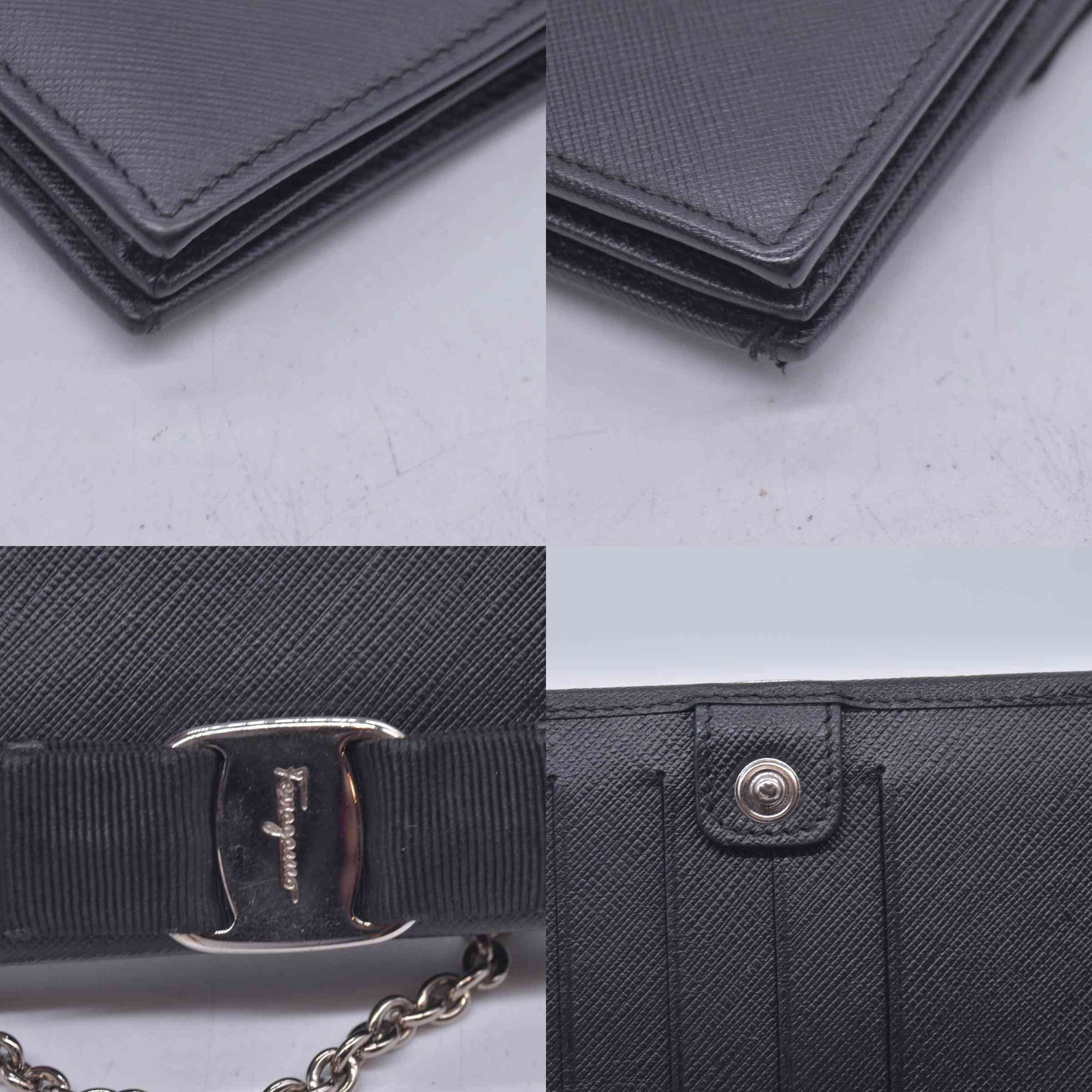 $650 SALVATORE FERRAGAMO Vara Bow Saffiano Leather Chain Flap Wallet Crossbody Black CONSIGNMENT 10021560
