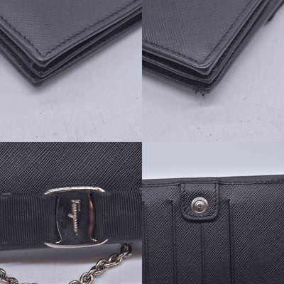 $650 SALVATORE FERRAGAMO Vara Bow Saffiano Leather Chain Flap Wallet Crossbody Black CONSIGNMENT 10021560