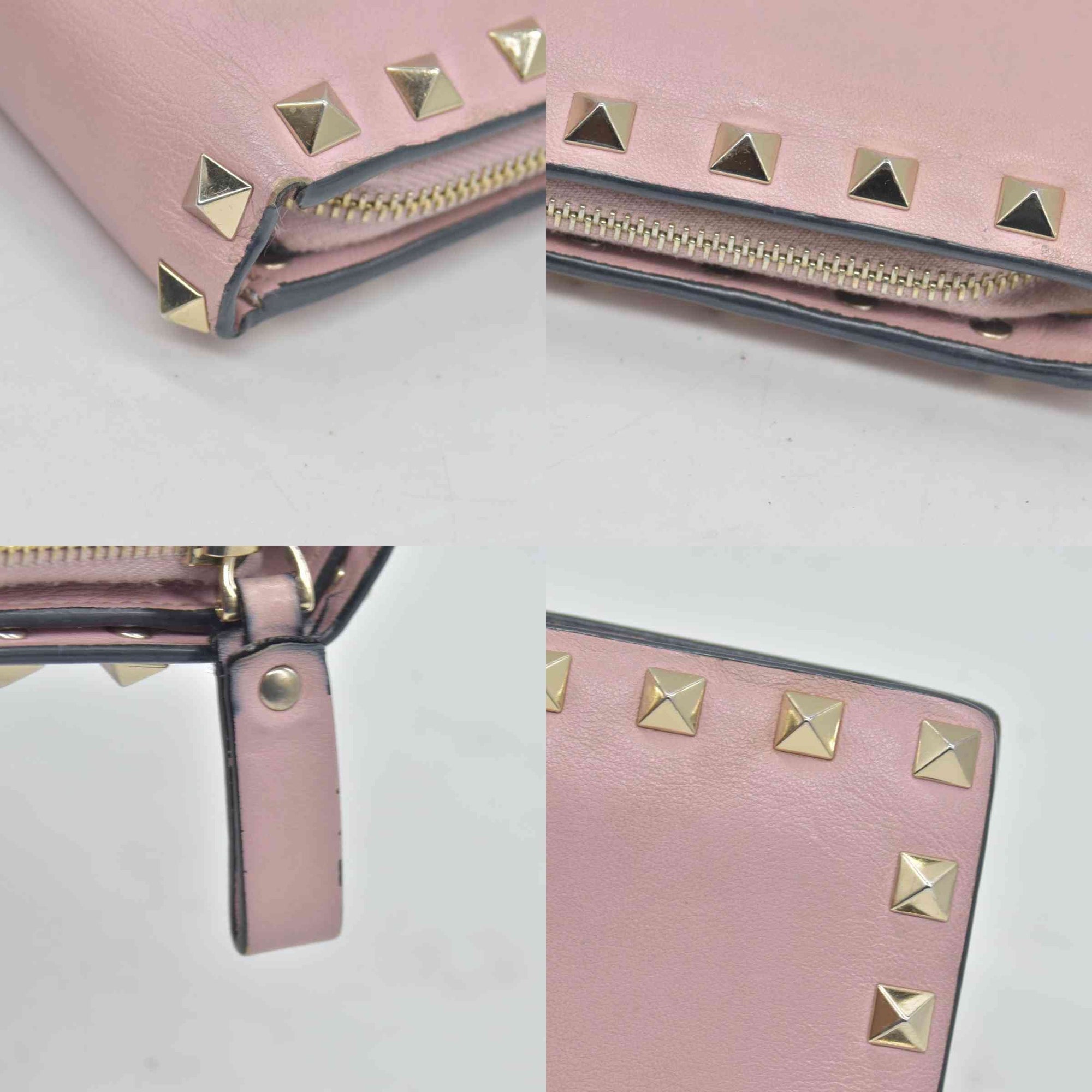 Valentino Poudre Leather Rockstud Zip-Around Compact Wallet