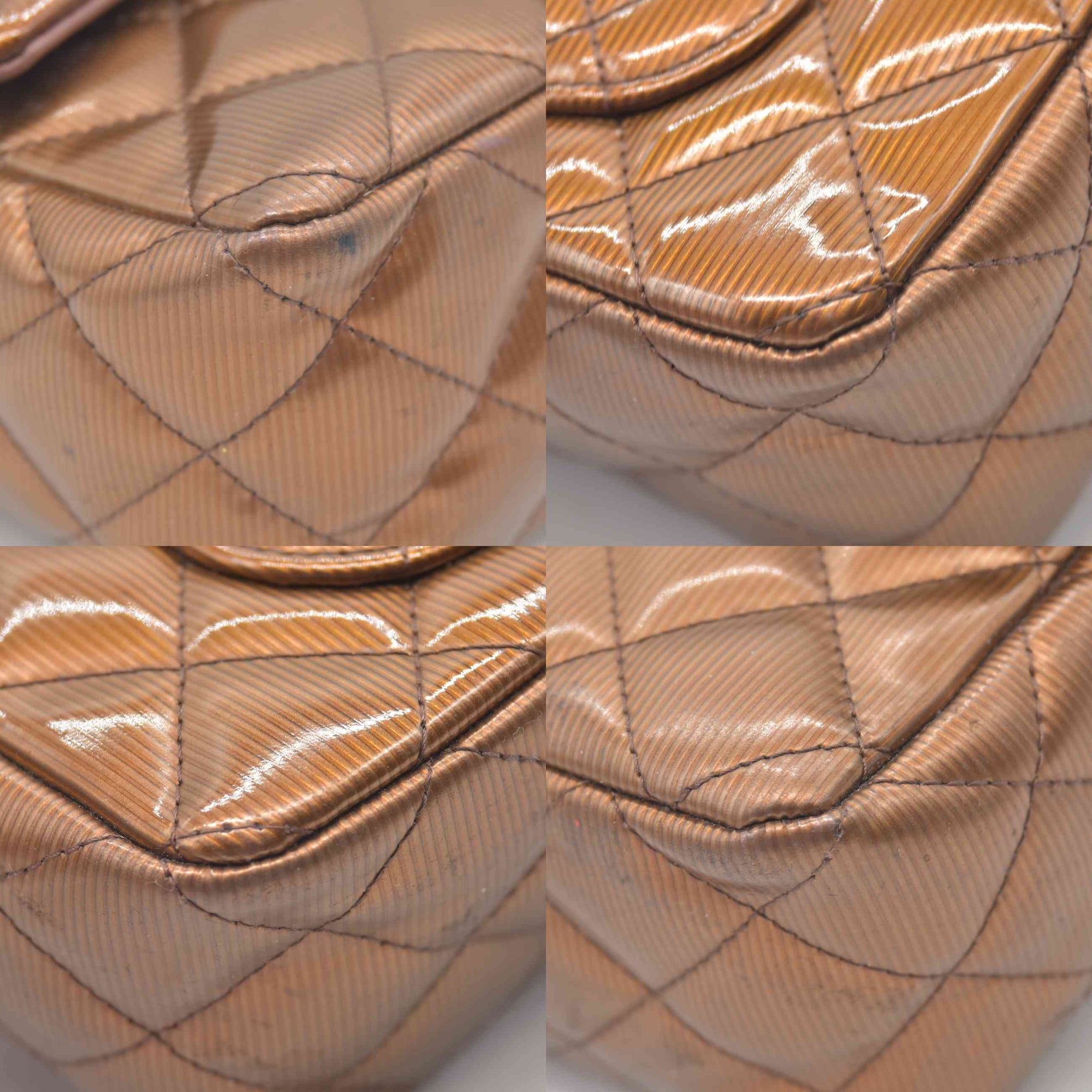 $5200 2013 Chanel Patent Calfskin Quilted Mini Rectangular Flap Bronze Metallic