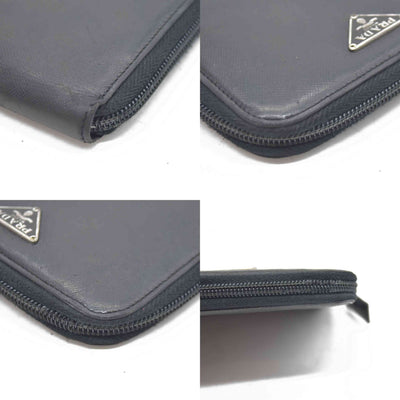 $725 Prada Logo Plaque Saffiano Wallet Black CONSIGNMENT 10020874