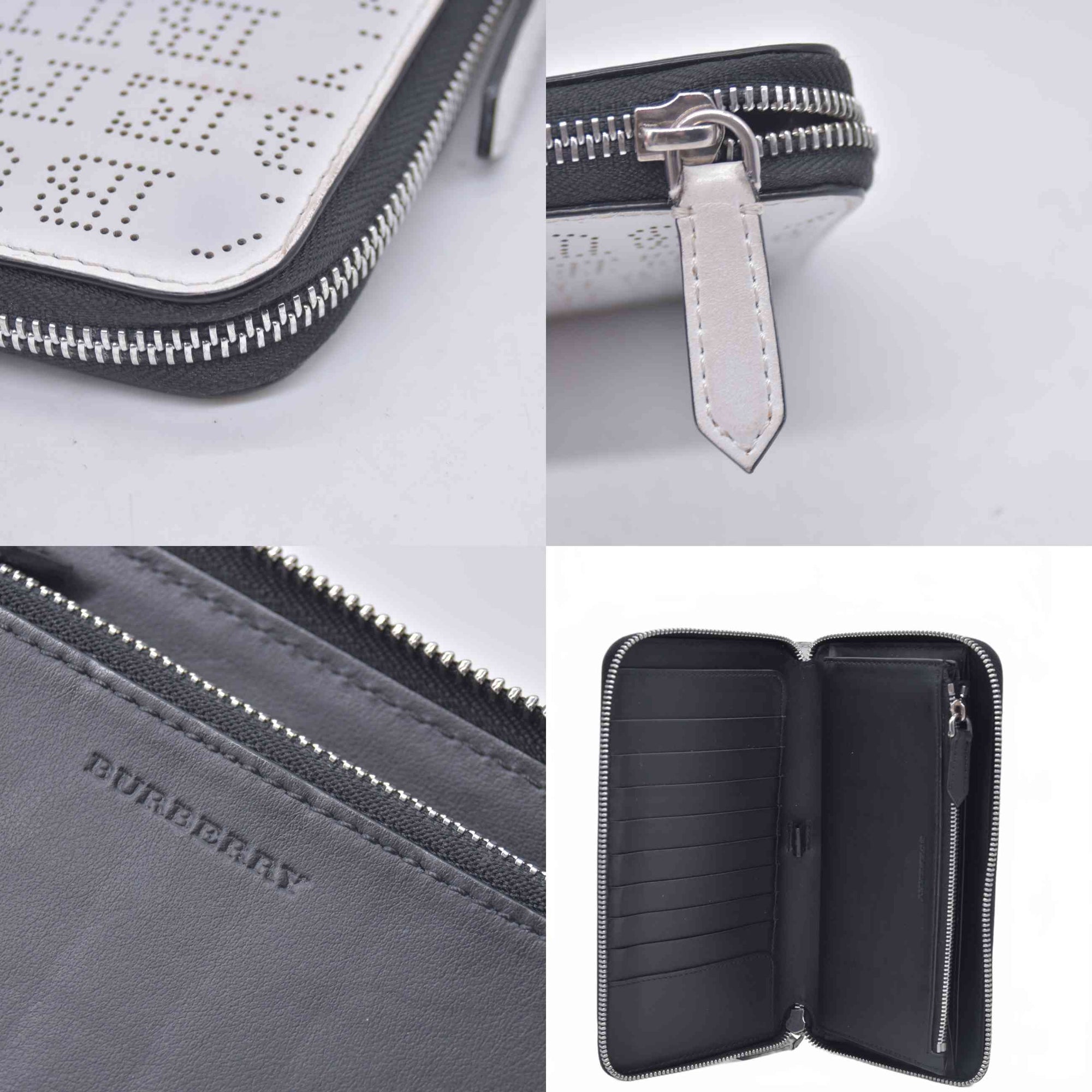$598 BURBERRY Logo Perforated Leather Zip Around Long Wallet White