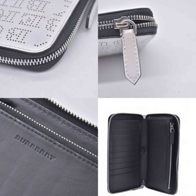 $598 BURBERRY Logo Perforated Leather Zip Around Long Wallet White