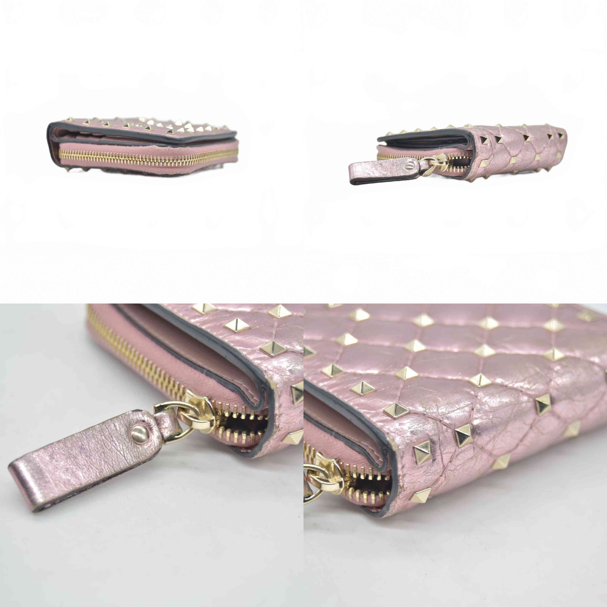 $775 VALENTINO Garavani Nappa Rockstud Spike Compact Zip Around Wallet Metallic Pink