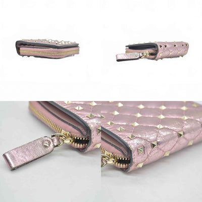 $775 VALENTINO Garavani Nappa Rockstud Spike Compact Zip Around Wallet Metallic Pink