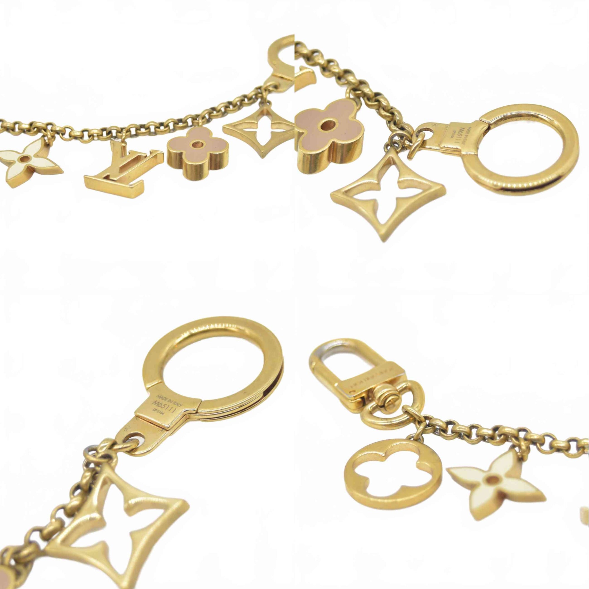 $655 2014 Louis Vuitton Brass Enamel Fleur De Monogram Bag Charm Chain Gold DP0164