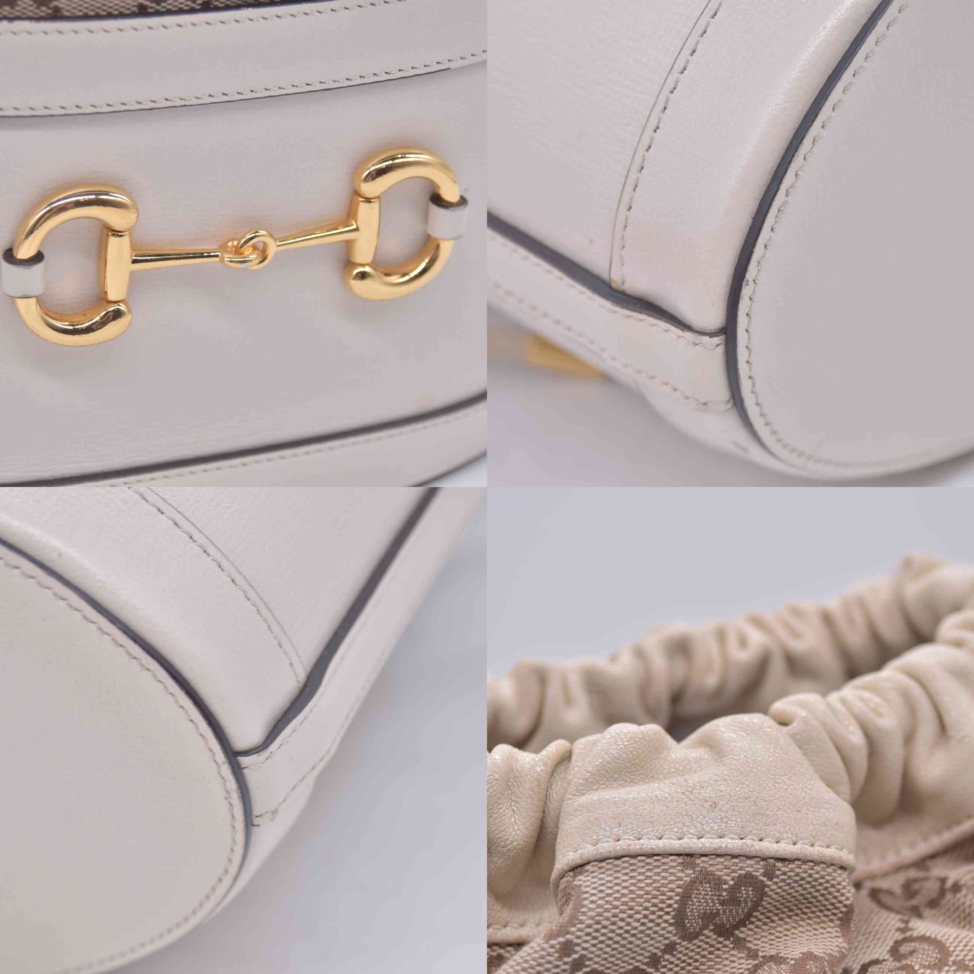 $2200 2021 Gucci Monogram Textured Calfskin Horsebit 1955 Drawstring Bucket Bag Beige Mystic White 10020895