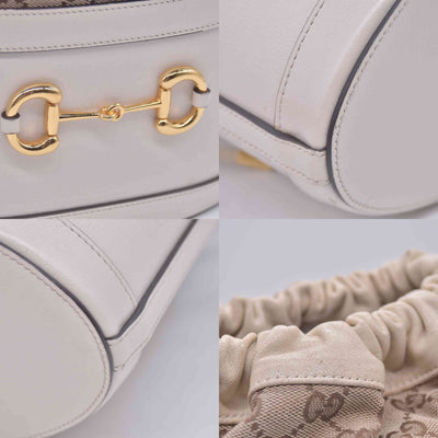 $2200 2021 Gucci Monogram Textured Calfskin Horsebit 1955 Drawstring Bucket Bag Beige Mystic White 10020895