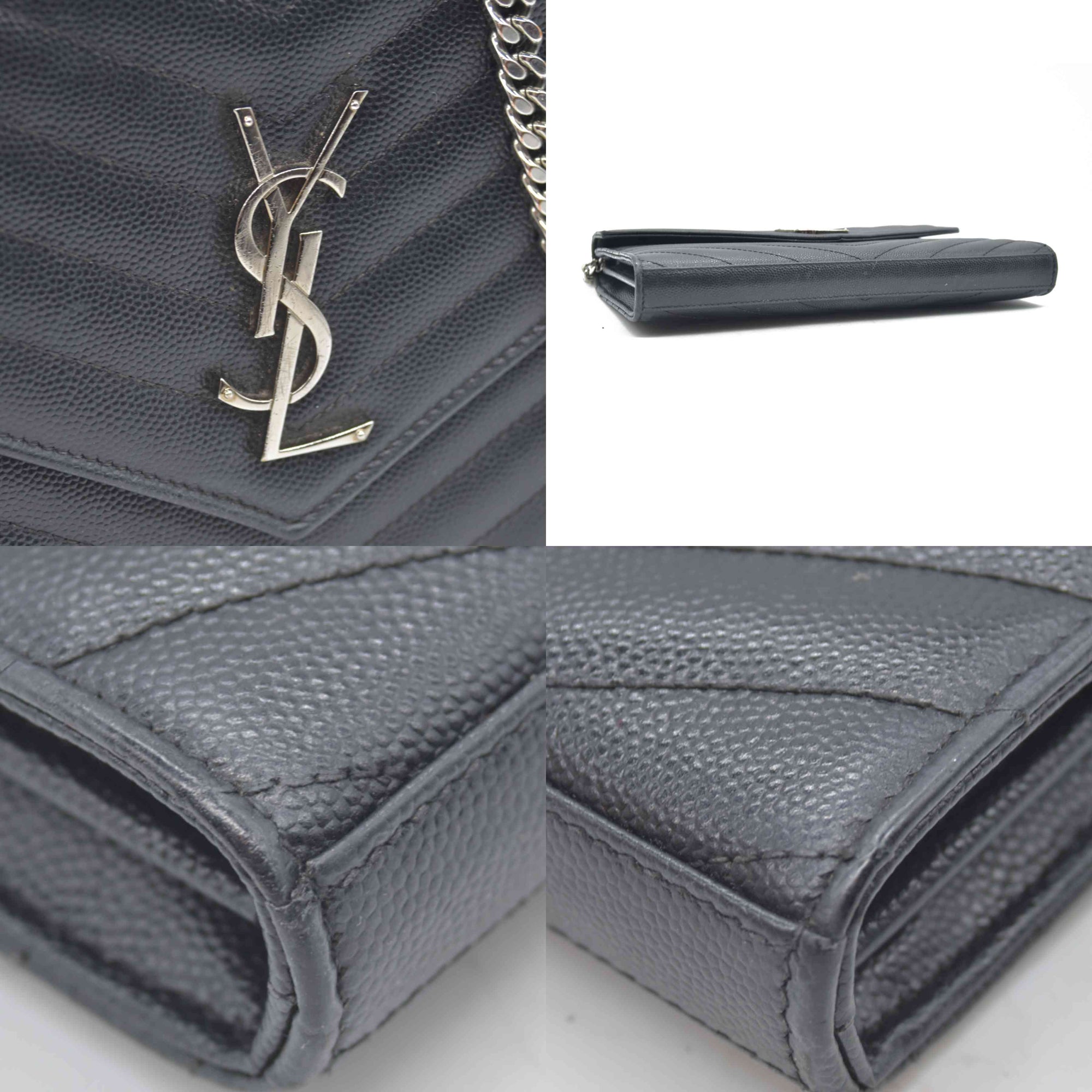 $1600 Saint Laurent Grain De Poudre Matelasse Chevron Monogram Envelope Chain Wallet Black CONSIGNMENT