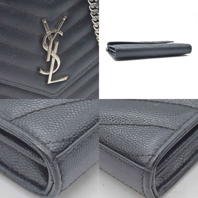 $1600 Saint Laurent Grain De Poudre Matelasse Chevron Monogram Envelope Chain Wallet Black CONSIGNMENT
