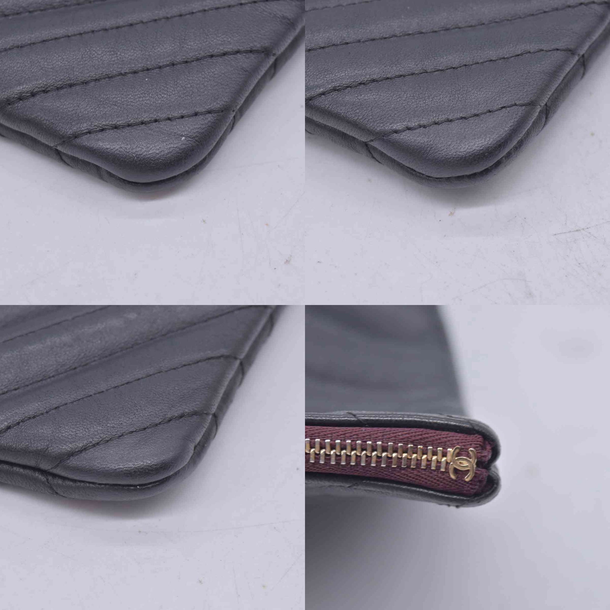 $1250 CHANEL Calfskin Chevron Quilted Large O-Case Clutch Pouch Dark Navy Charcoal CONSIGNMENT 10021554
