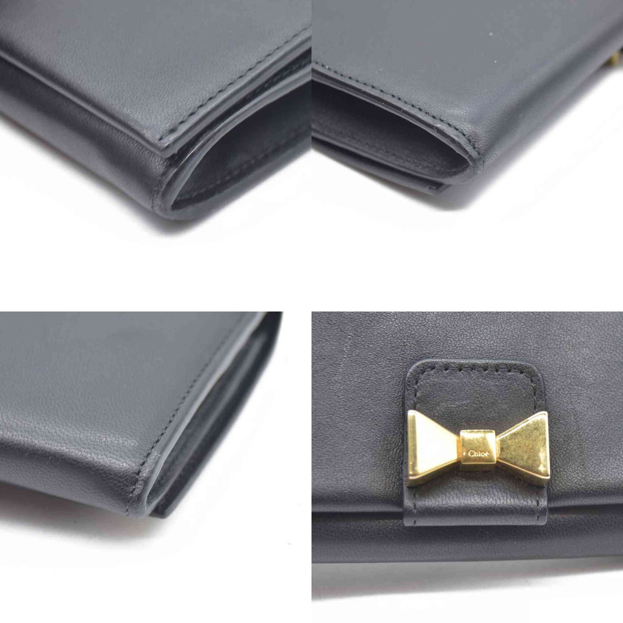 Chloe Ribbon Leather Long Bifold Wallet Purse Black CONSIGNMENT