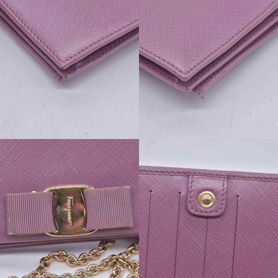 $650 SALVATORE FERRAGAMO Vara Bow Saffiano Leather Chain Flap Wallet Crossbody Pink CONSIGNMENT 10021563