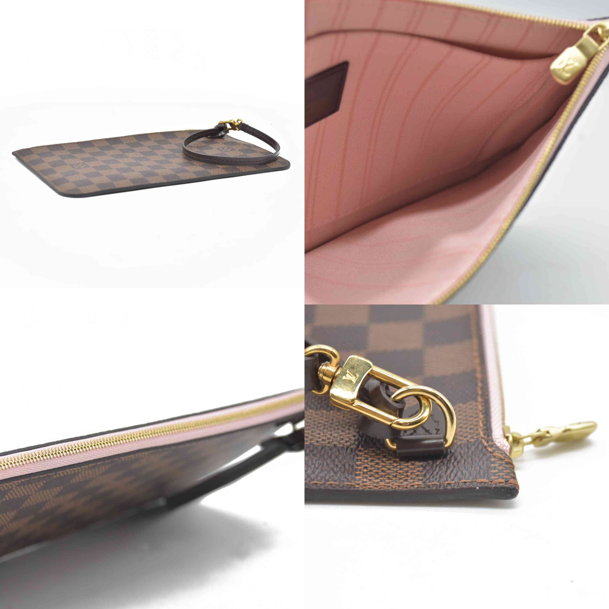 Louis Vuitton  Damier Ebene Neverfull MM Pochette Rose Ballerine Wristlet AR4186