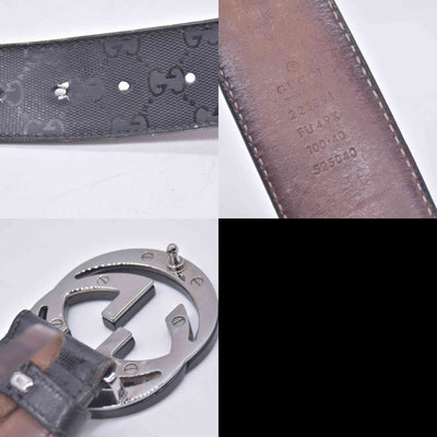 $490 GUCCI Imprime Monogram Interlocking G Buckle Belt Black Dark Grey CONSIGNMENT 10021426