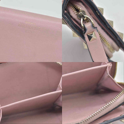 Valentino Poudre Leather Rockstud Zip-Around Compact Wallet