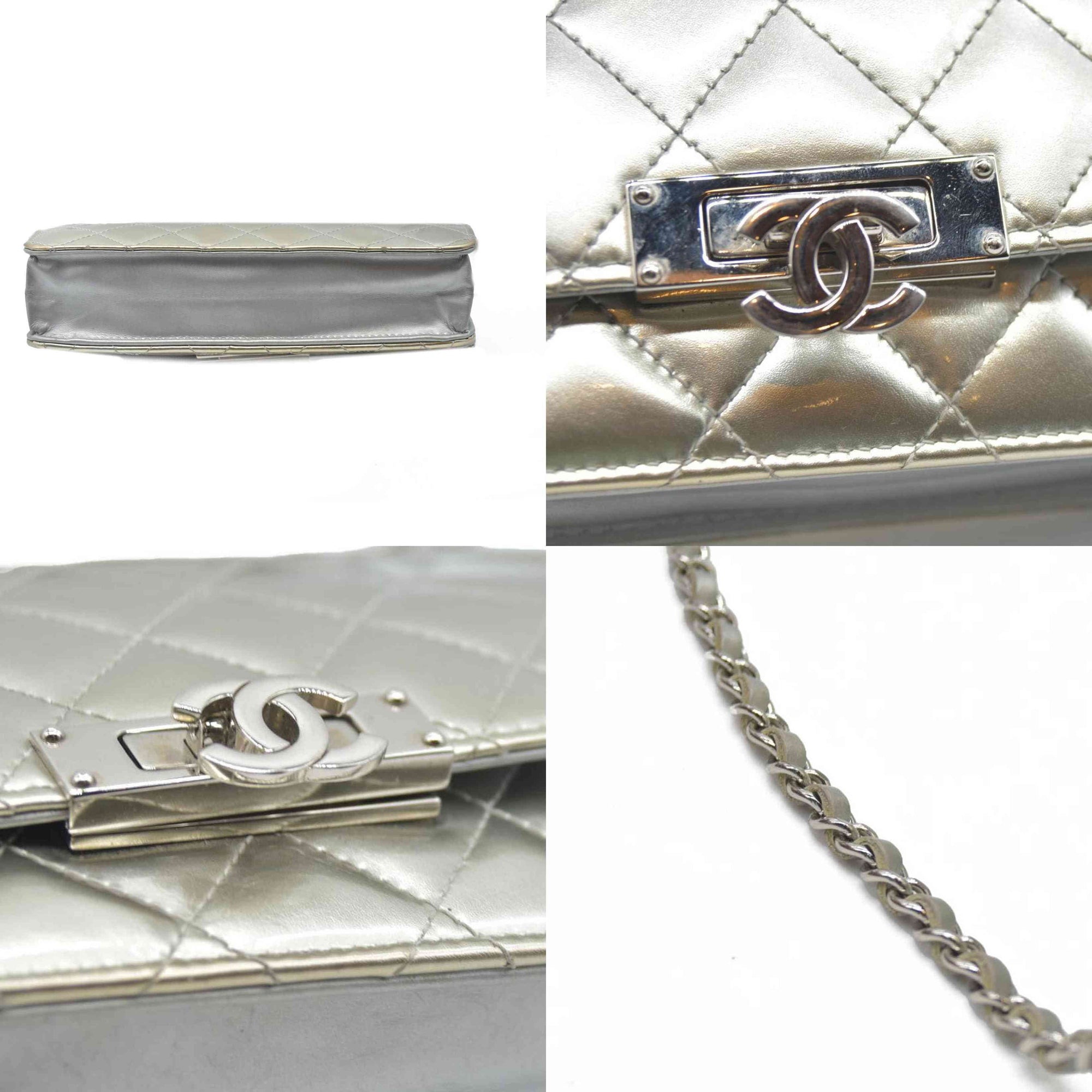 $3000 Chanel  Patent Quilted Golden Class Wallet on Chain WOC Silver