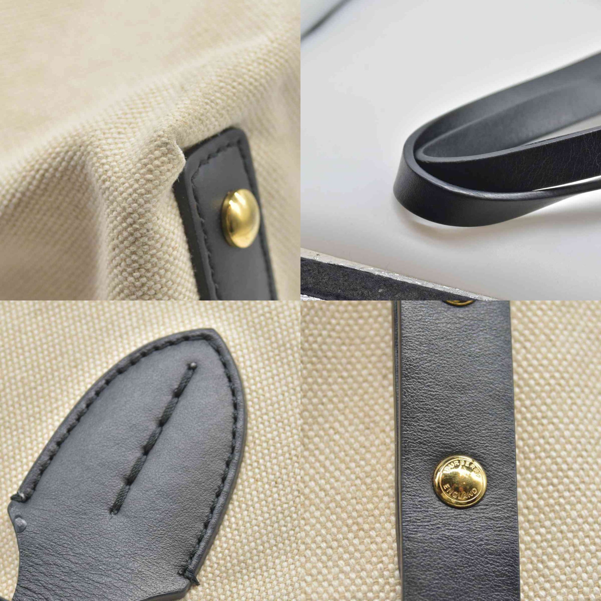 $2490 Burberry Cotton Soft Canvas Calfskin Medium Belt Tote Natural Black