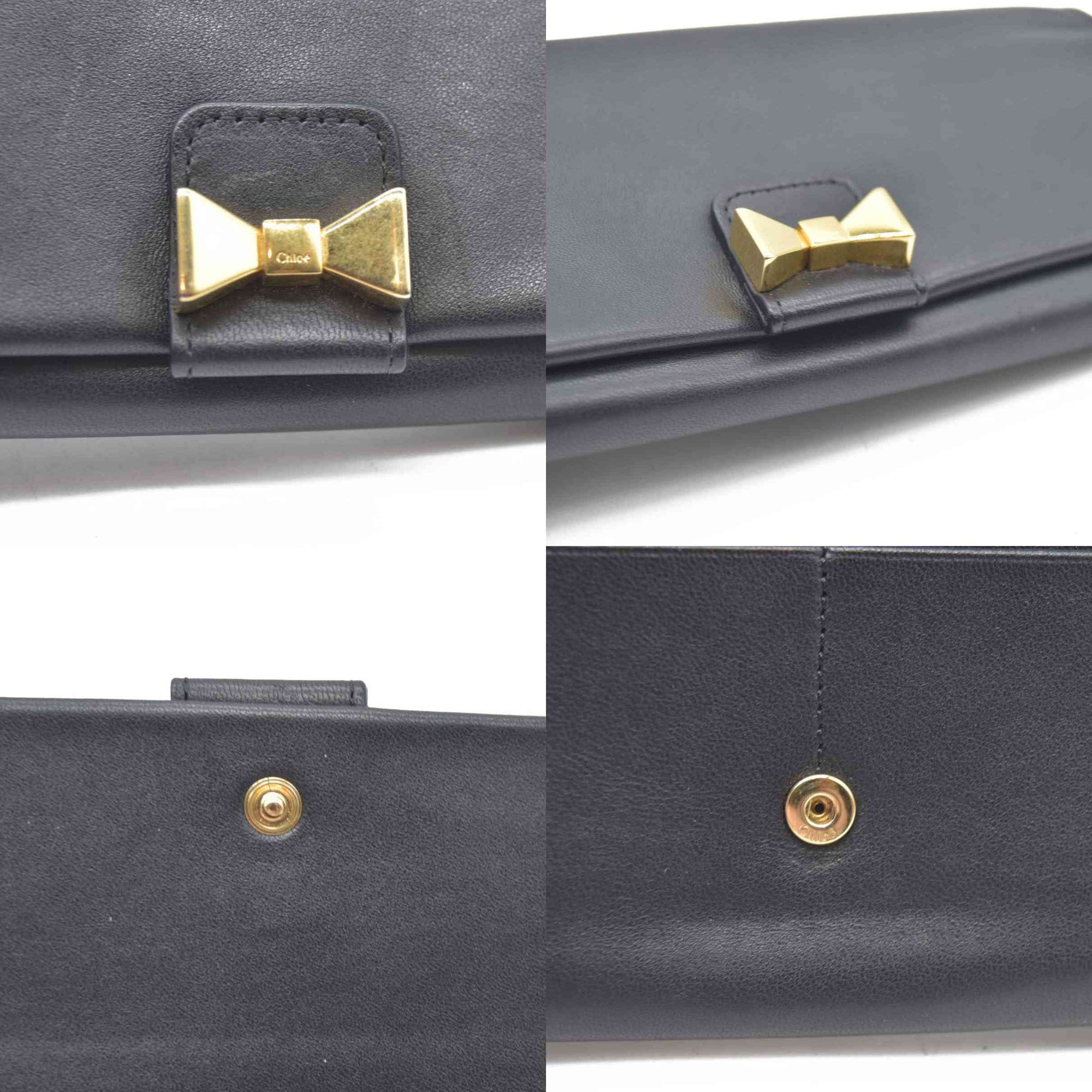 Chloe Ribbon Leather Long Bifold Wallet Purse Black CONSIGNMENT