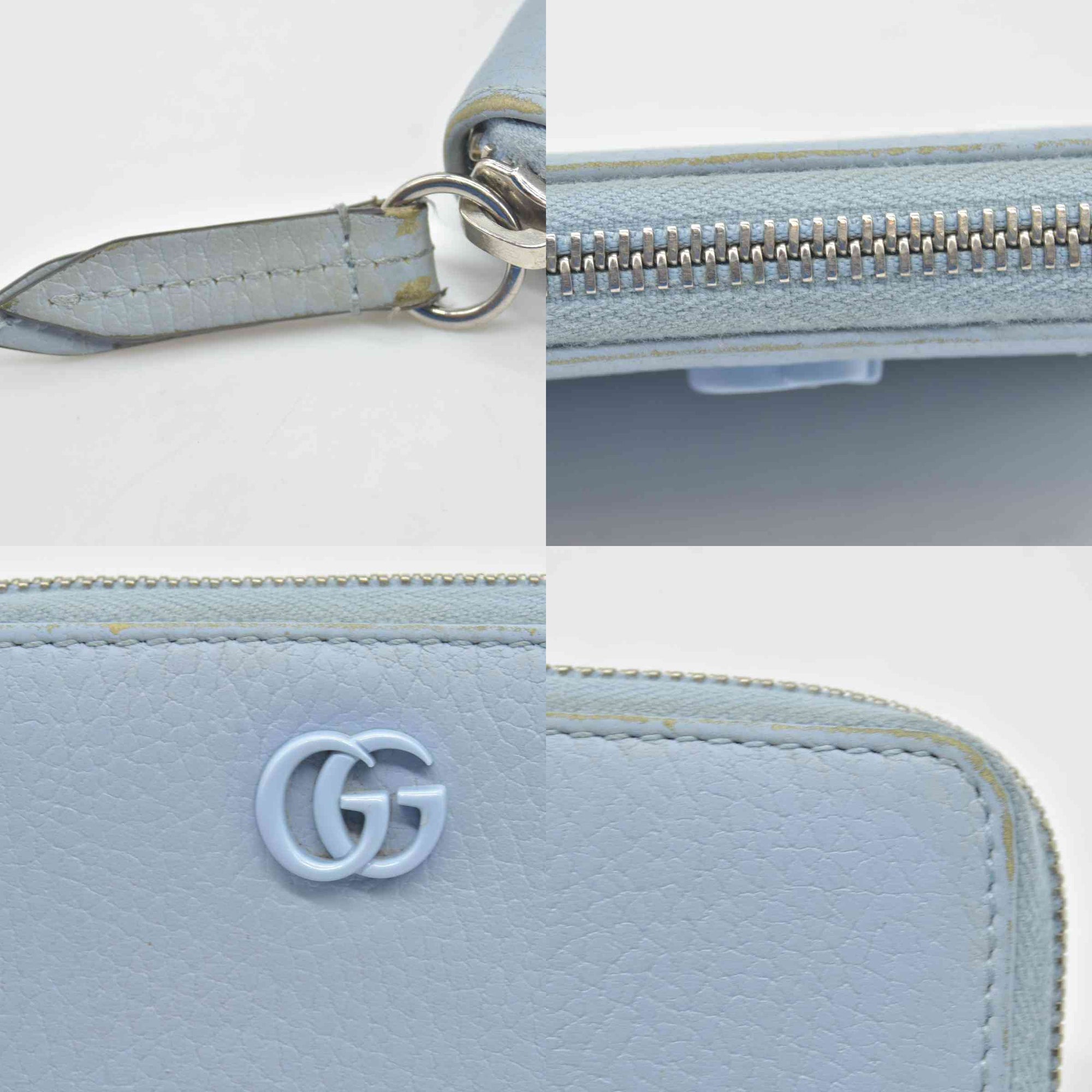 $660 Gucci Blue Calfskin Monochrome Dollar GG Marmont Zip Around Card Holder