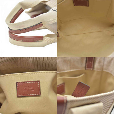$1250 Chloe Linen Calfskin Small Woody Ribbon Tote  White Brown