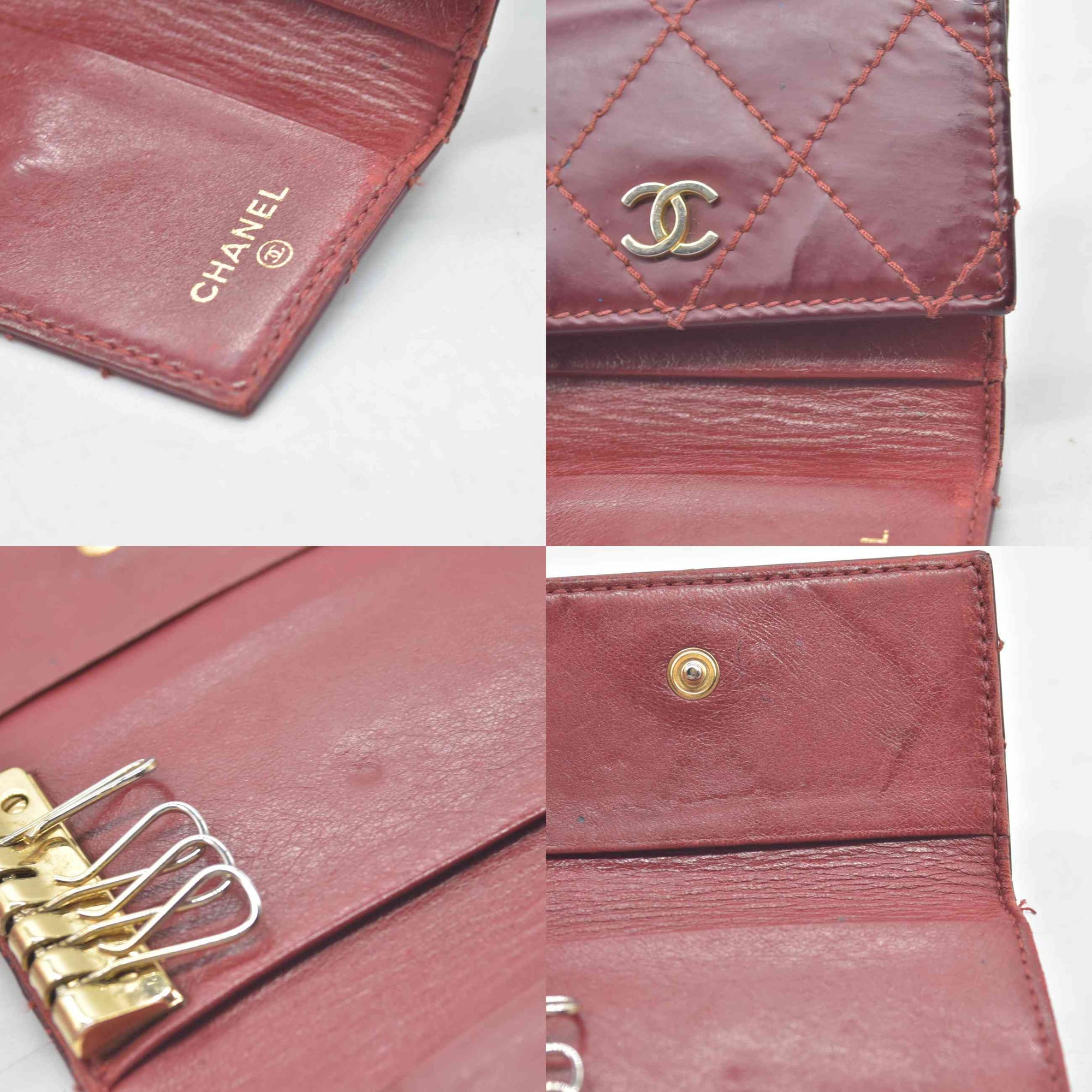 $750 2004 Chanel Calfskin Wild Stitch 6 Key Ring Holder Burgundy 10019940