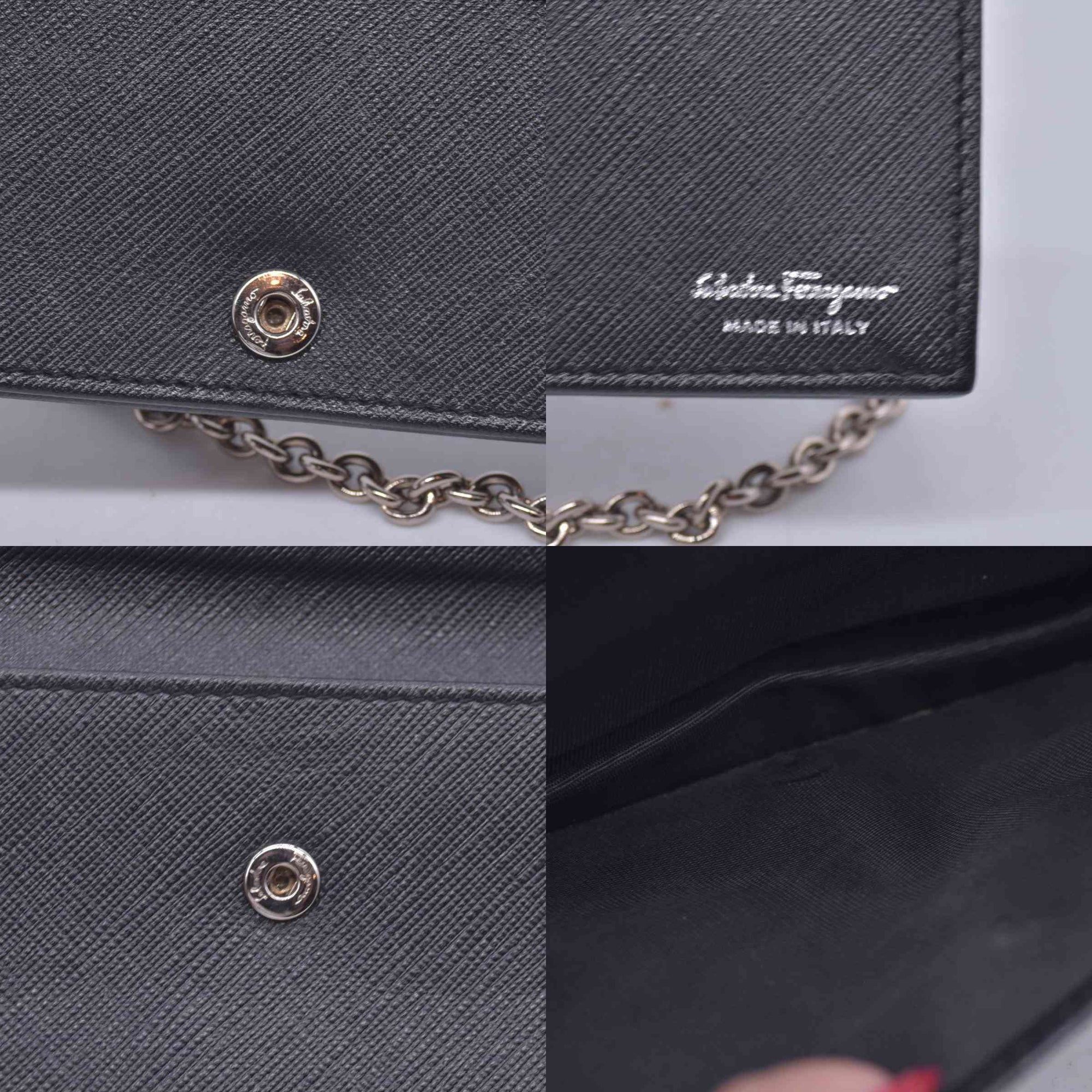$650 SALVATORE FERRAGAMO Vara Bow Saffiano Leather Chain Flap Wallet Crossbody Black CONSIGNMENT 10021560