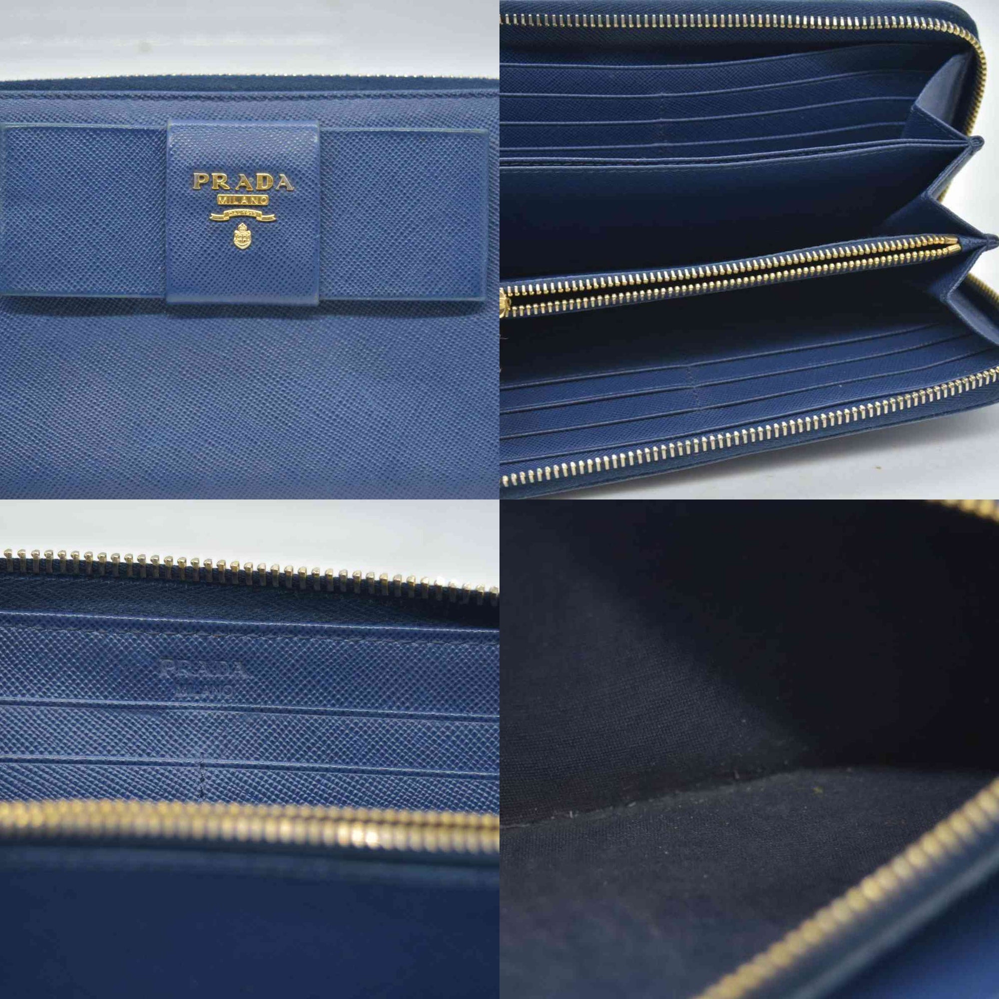 $695 PRADA Saffiano Bow Wallet Blue CONSIGNMENT