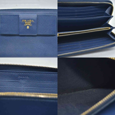$695 PRADA Saffiano Bow Wallet Blue CONSIGNMENT