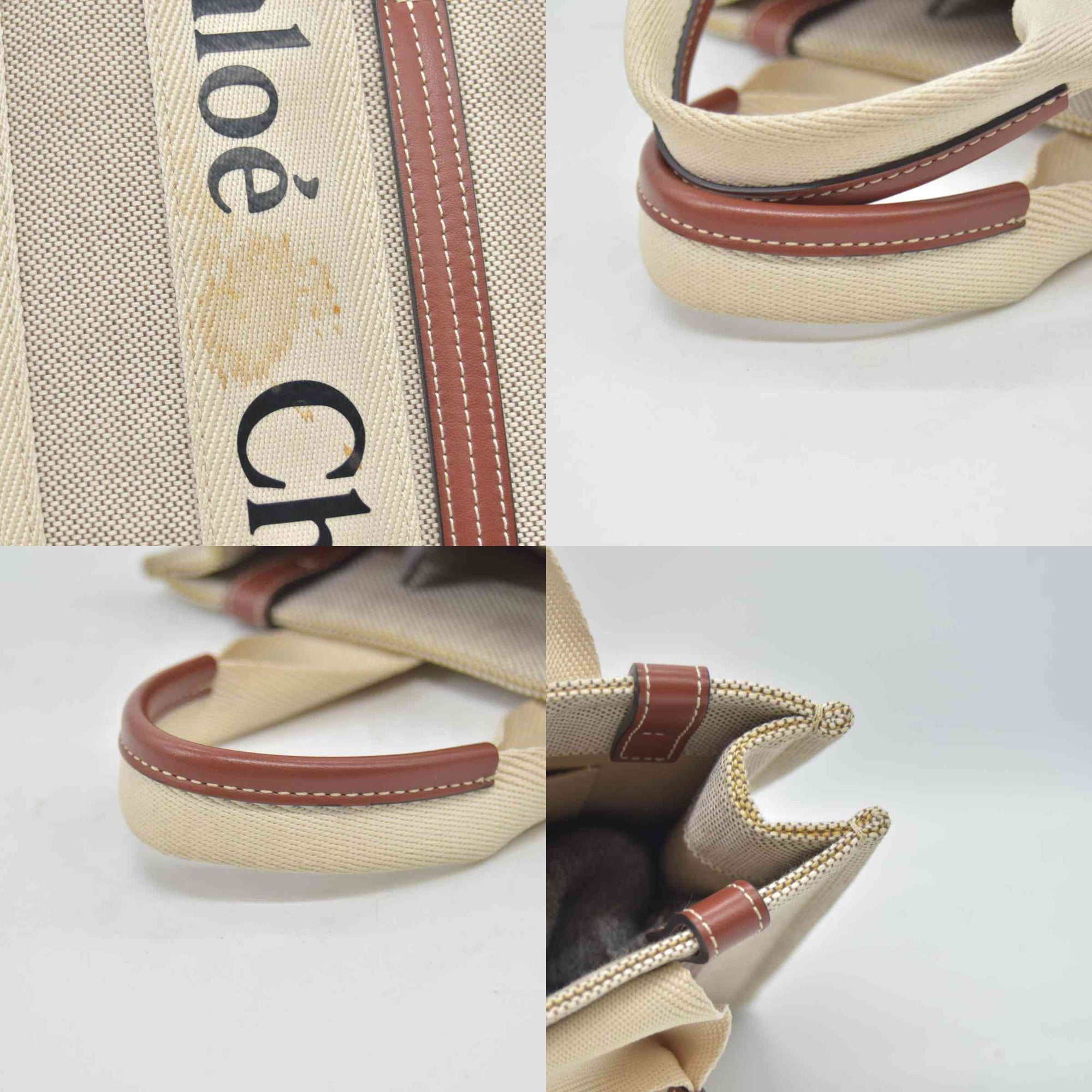 $1350 Chloe Linen Calfskin Small Woody Ribbon Tote White Black