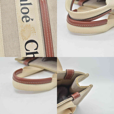 $1350 Chloe Linen Calfskin Small Woody Ribbon Tote White Black