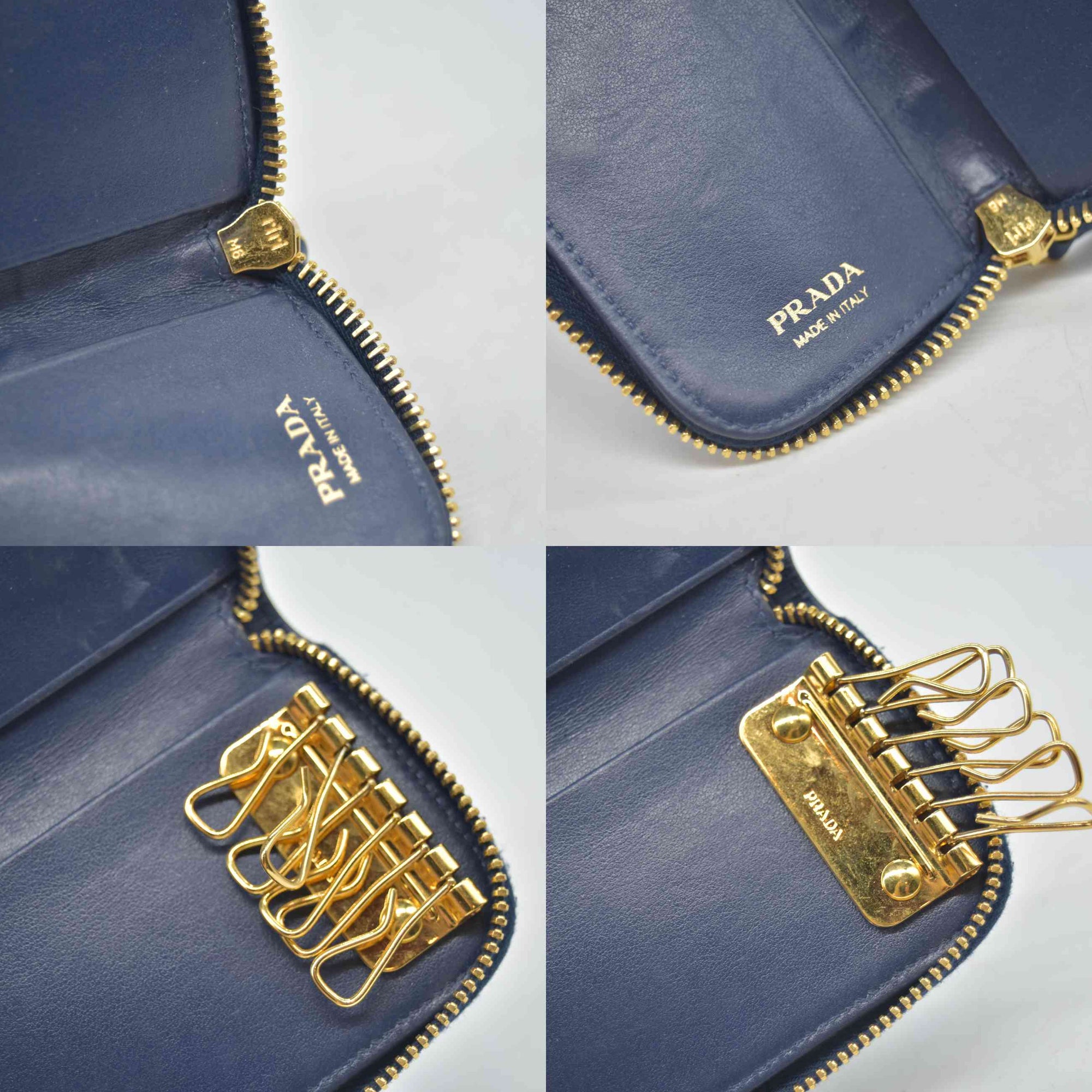 $460 Prada Saffiano Zip Around Key Holder Blue CONSIGNMENT