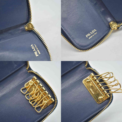 $460 Prada Saffiano Zip Around Key Holder Blue CONSIGNMENT