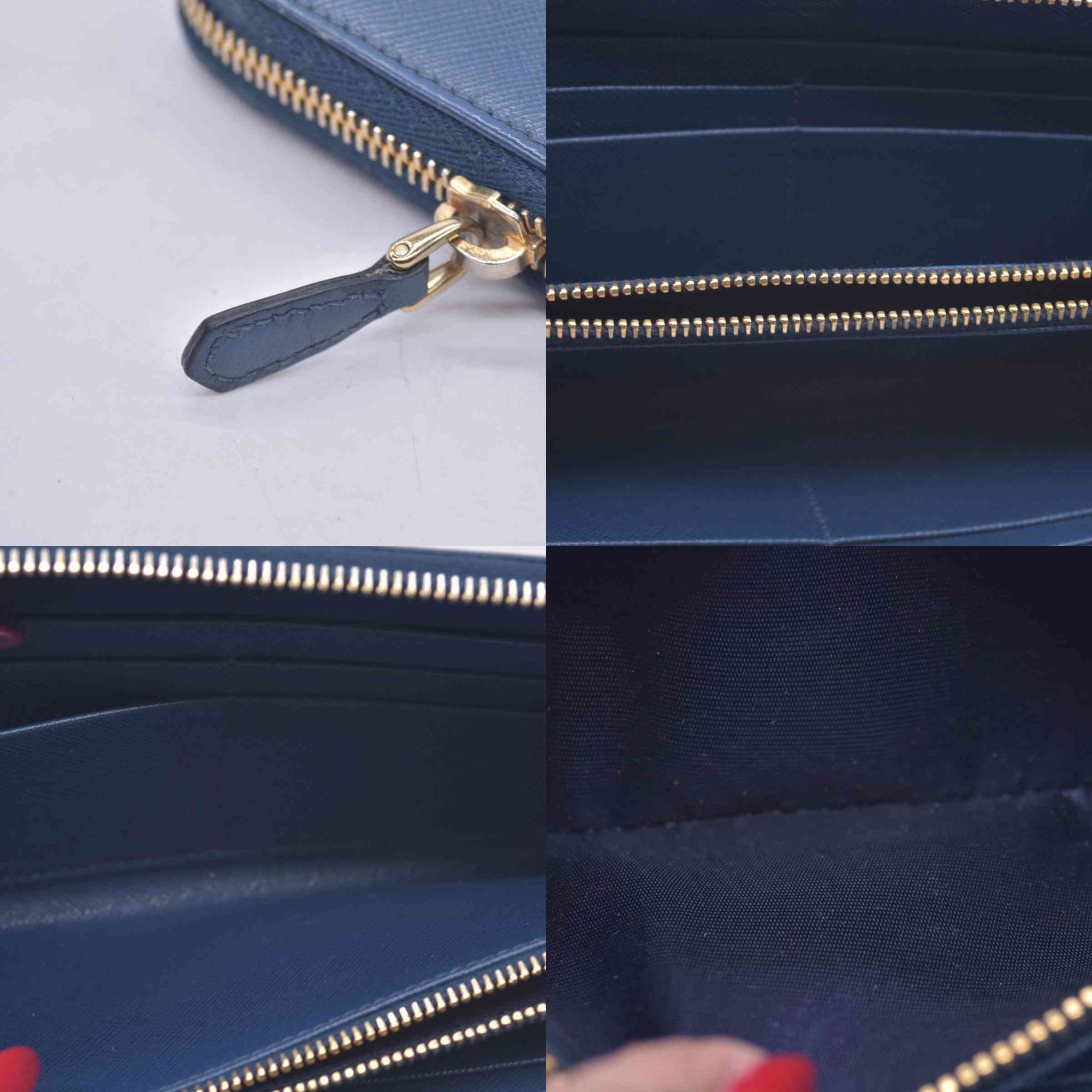 $790 PRADA Saffiano Metal Logo Zip Around Long Wallet Blue CONSIGNMENT 10021520