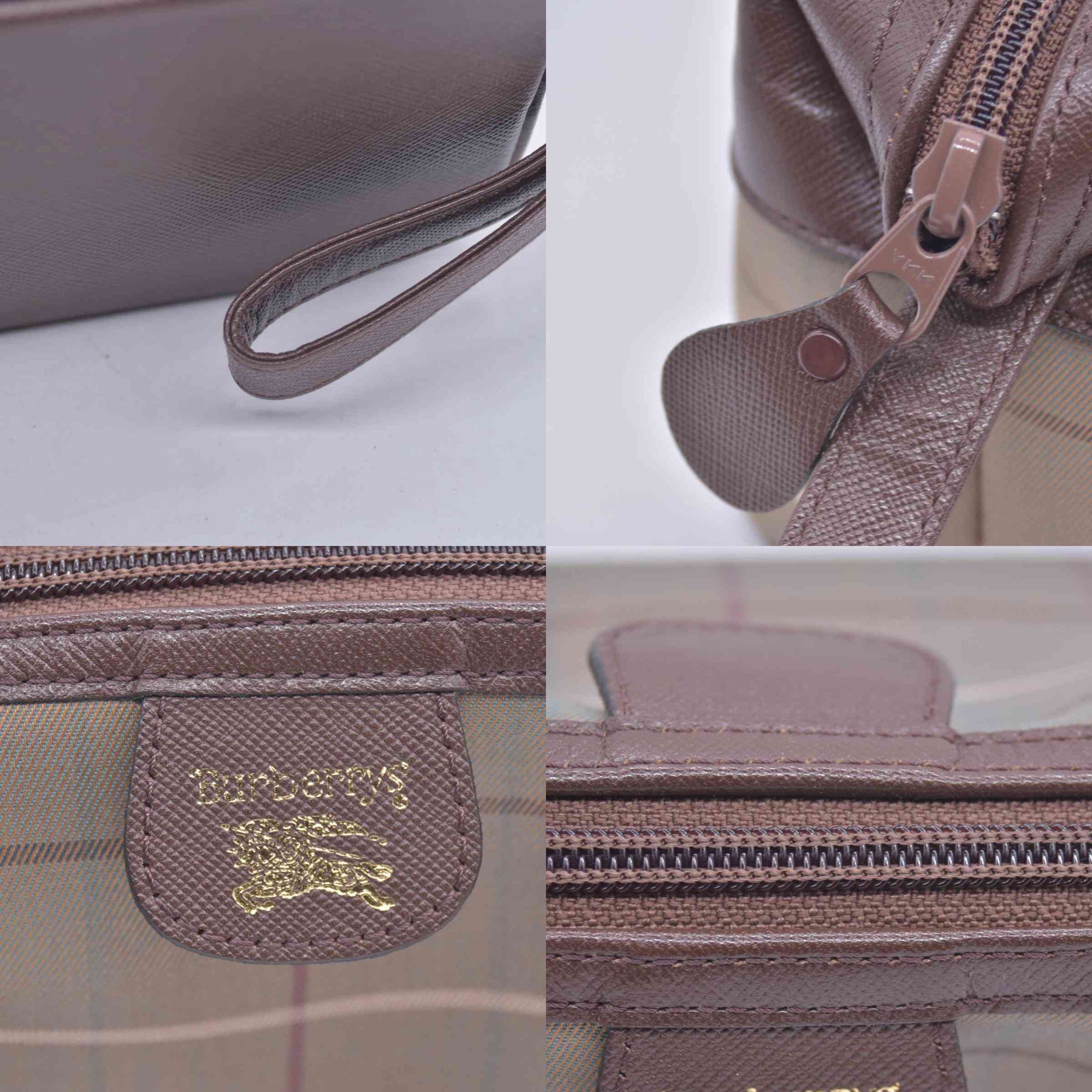 $650 BURBERRYS Coated Canvas Nova Check Wristlet Pouch Dark Brown CONSIGNMENT 10021185
